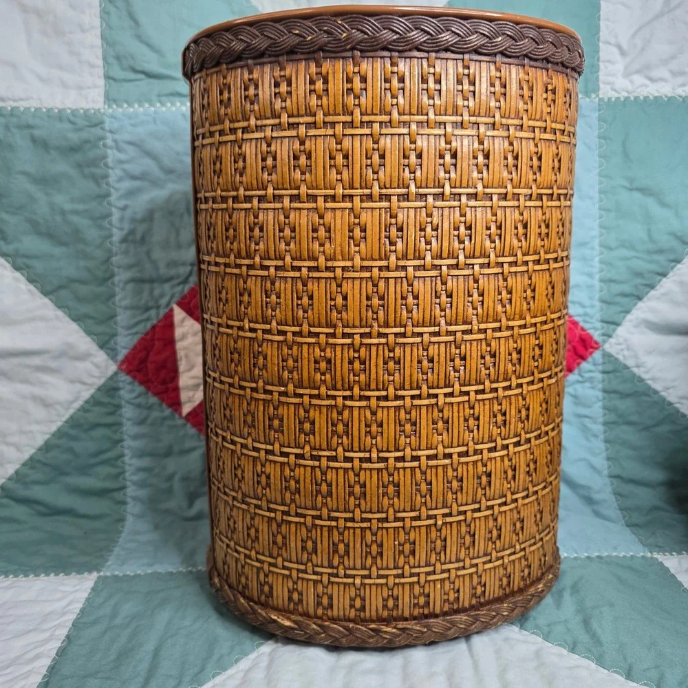 Vintage Faux Woven Wicker Metal Wastebasket Brown Trash Can Mid Century Decor